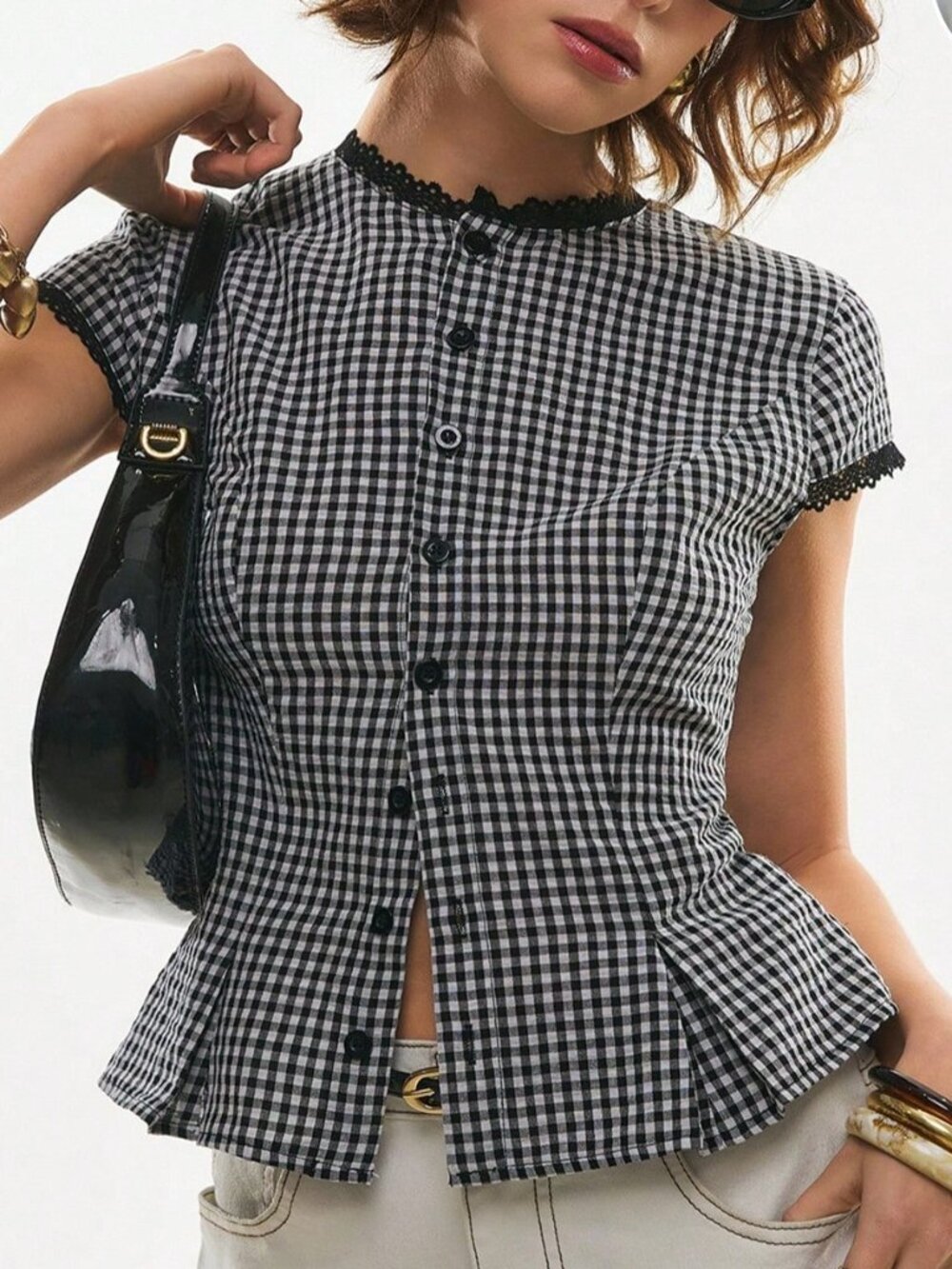 Black and White Casual Women's Gingham Lace Trim Peplum Button-Down Shirt